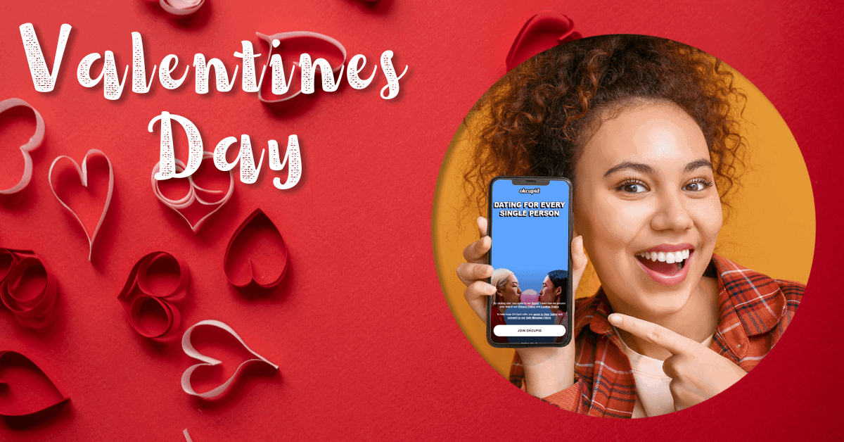 Valentines Day and Smiling Girl Holding a phone with a dating app homescreen