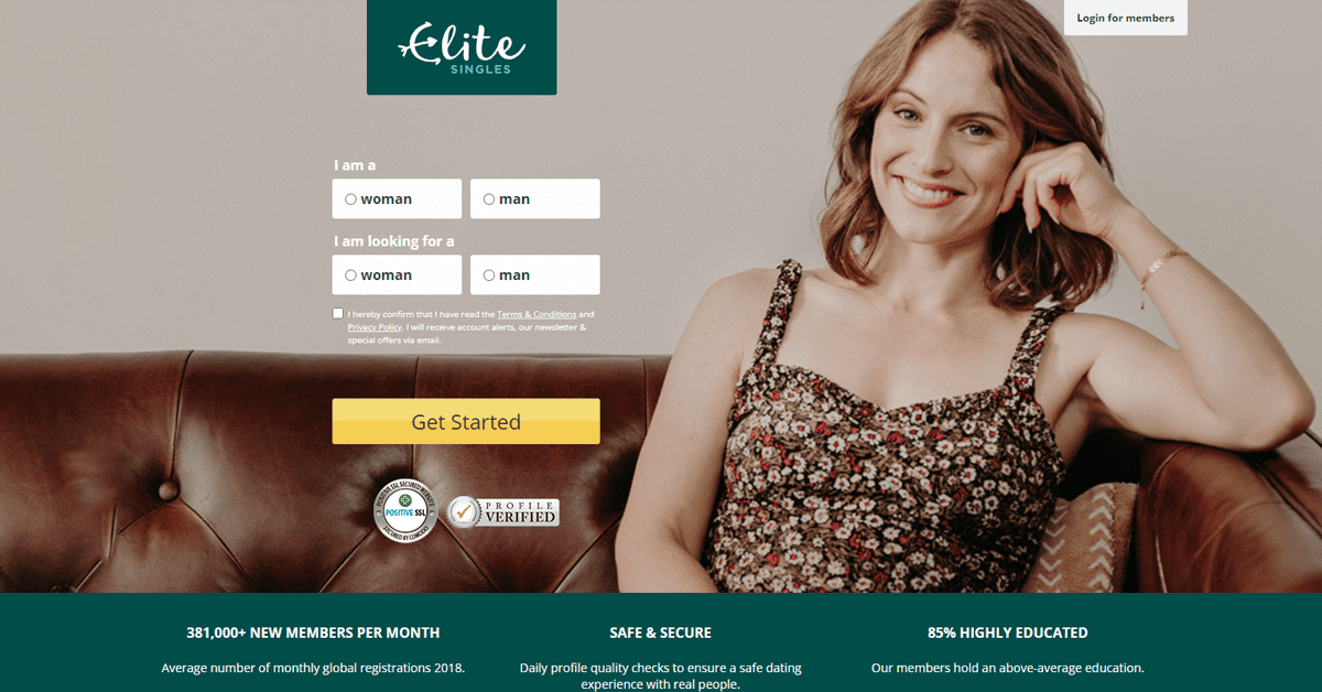 screenshot of elite singles home page