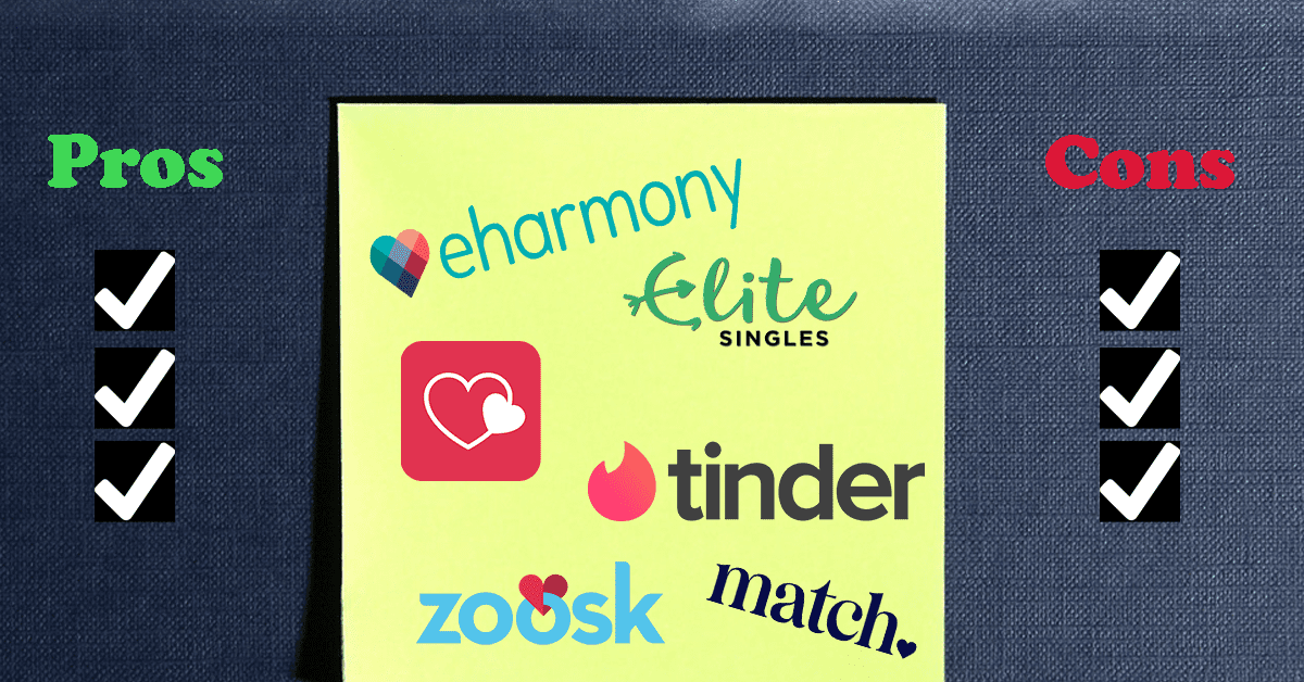 pros and cons list with a yellow post it note containing dating app logos