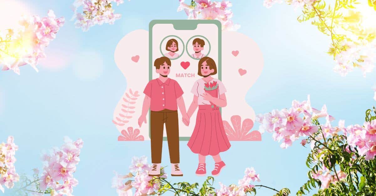 cartoon depiction of a dating app match against a spring background
