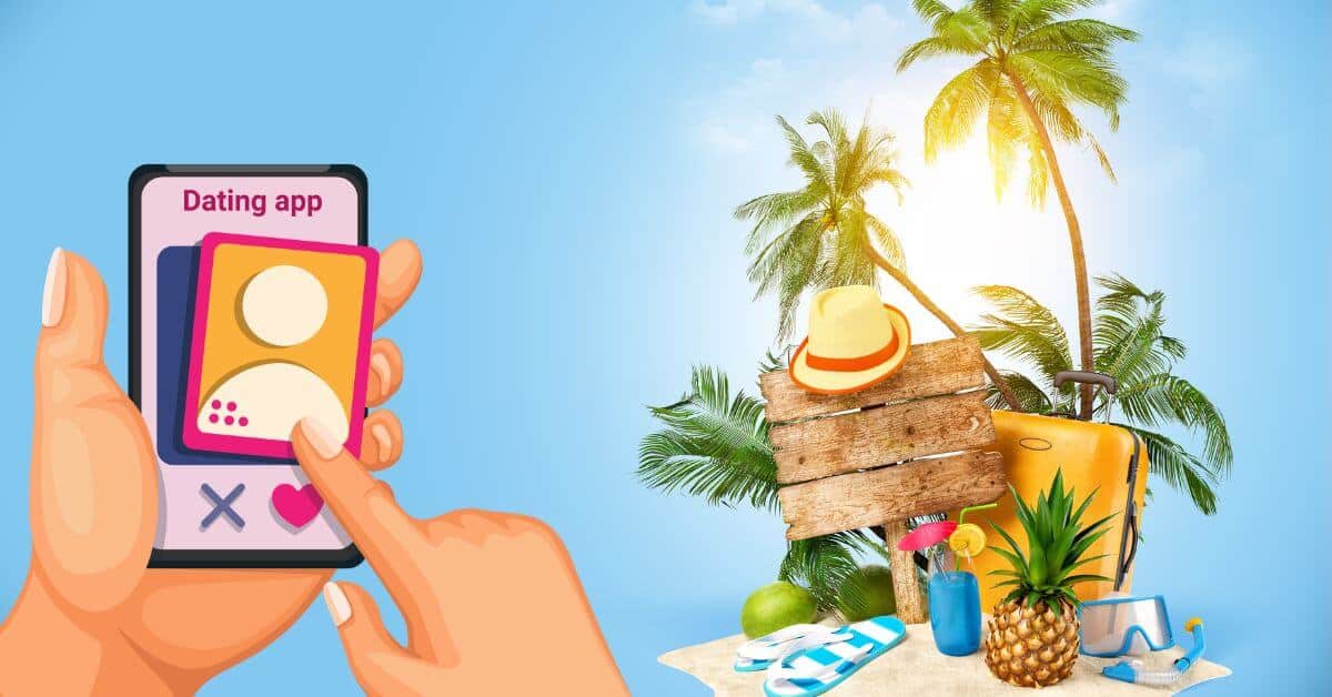 tropical background with cartoon depiction of someone using a dating app