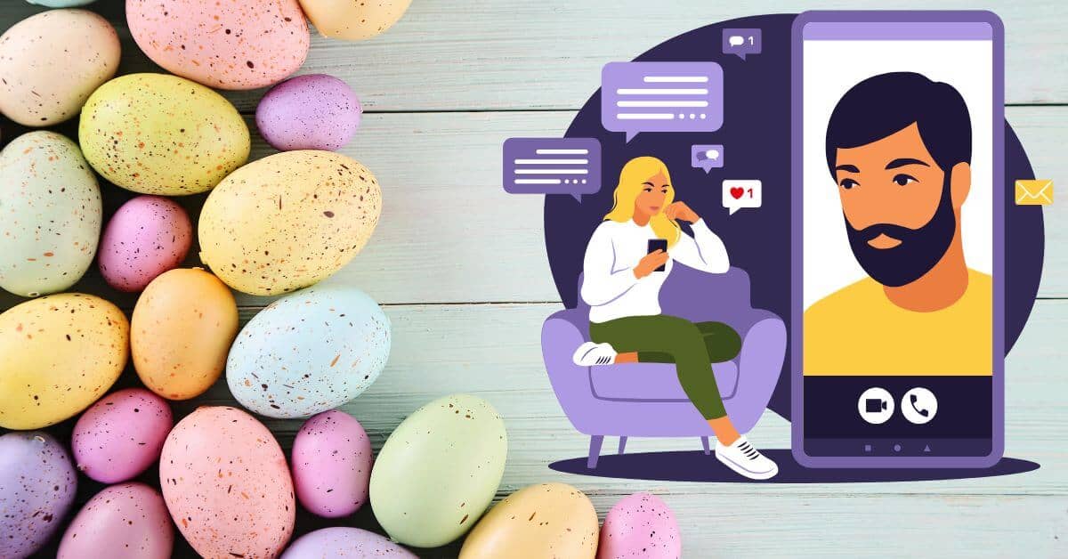 cartoon depiction of dating apps on a easter egg background