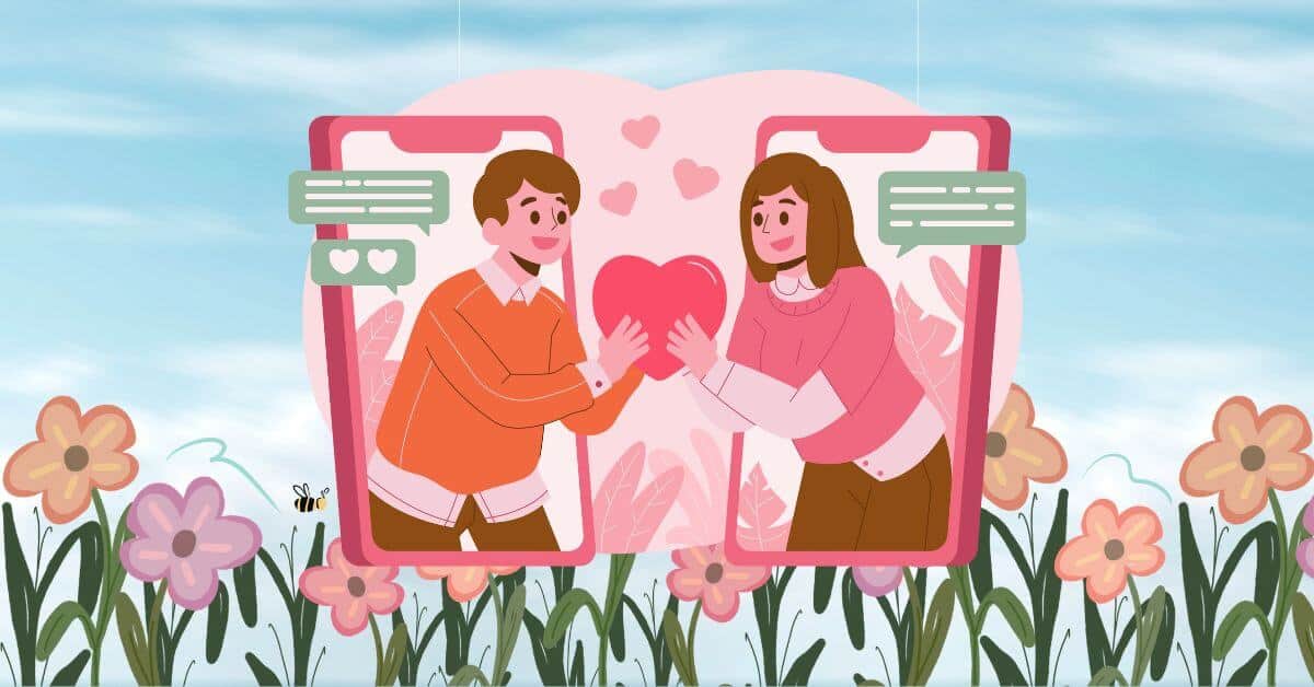 Cartoon images of a woman and a man coming out of cell phones holding onto a heart