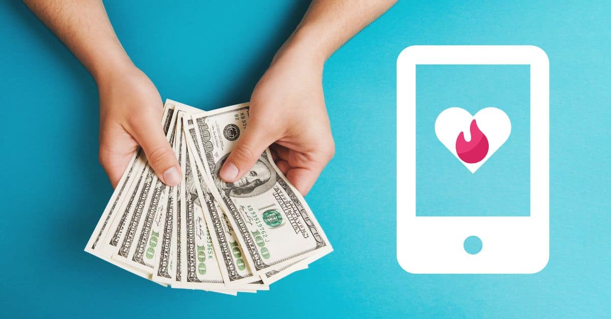 Tinder dating logo and a person holding 100 dollar bills