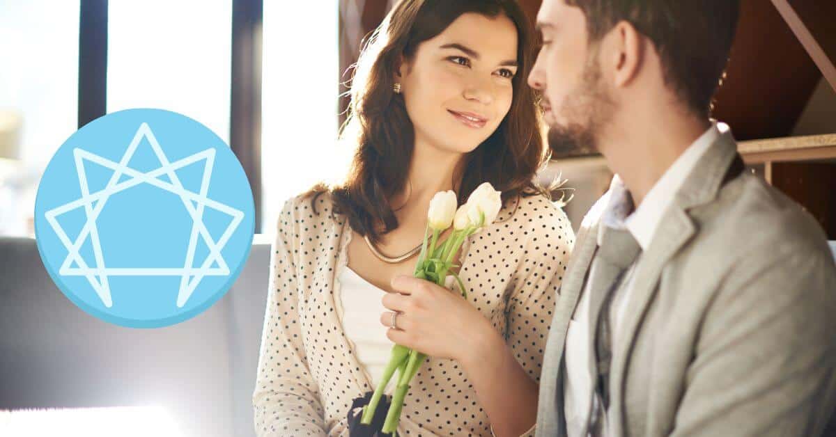 man beside woman holding white tulips and the enneagram symbol