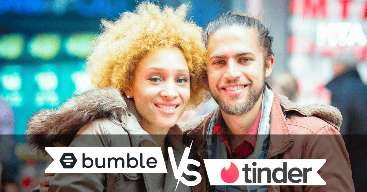 Hip, Young Couple Smiling - Bumble vs Tinder Logos