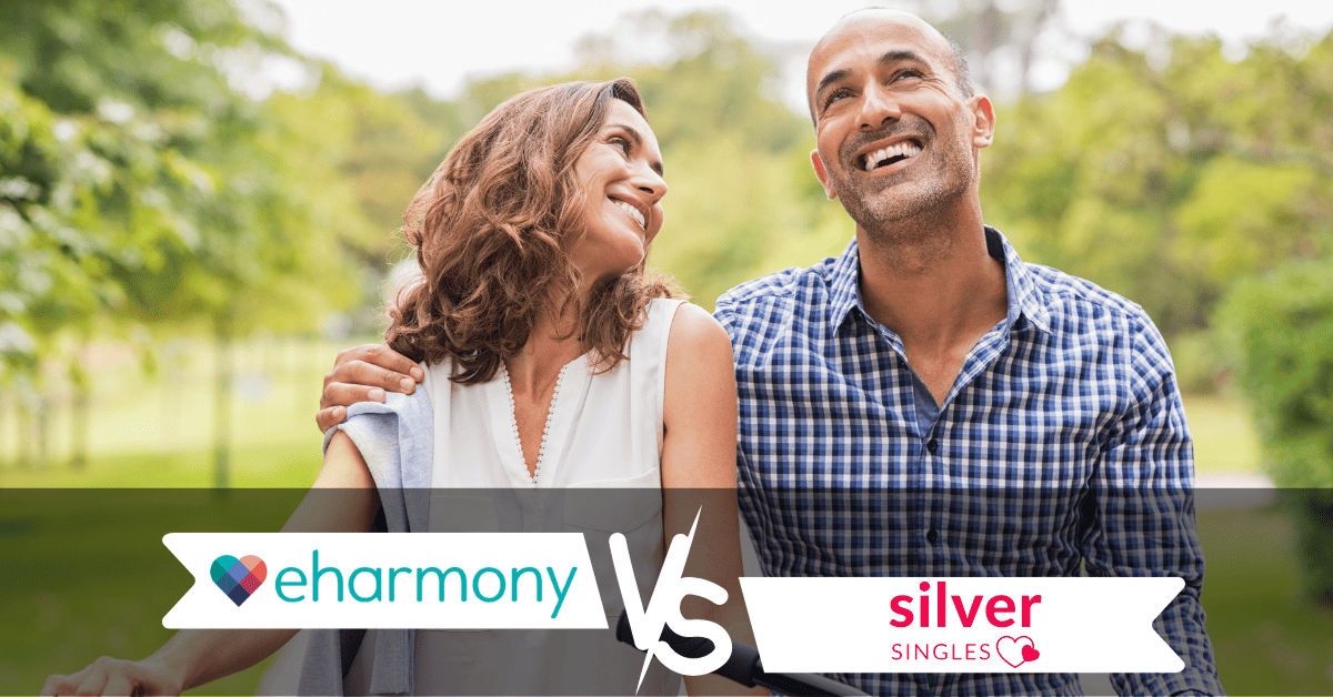 Man and Woman Hugging and Smiling - eharmony vs. SilverSingles