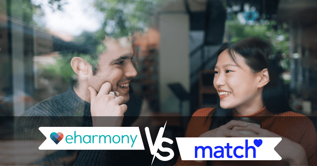 Man and Woman Smiling and Having Coffee - eharmony vs. Match