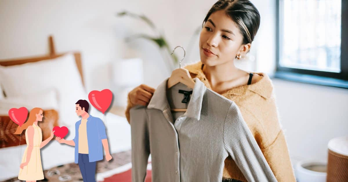 woman picking out outfit for date with couple on date icon in corner