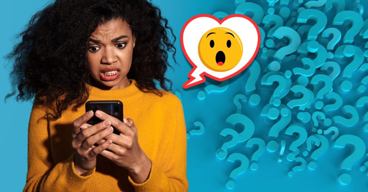 confused woman looking at phone with question mark background and a heart-shaped speech bubble with a surprised face emoji inside of it