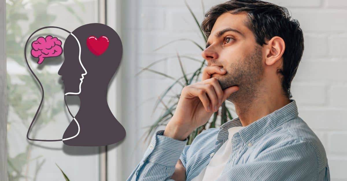 man looking out the window thinking with a brain and heart in head graphic