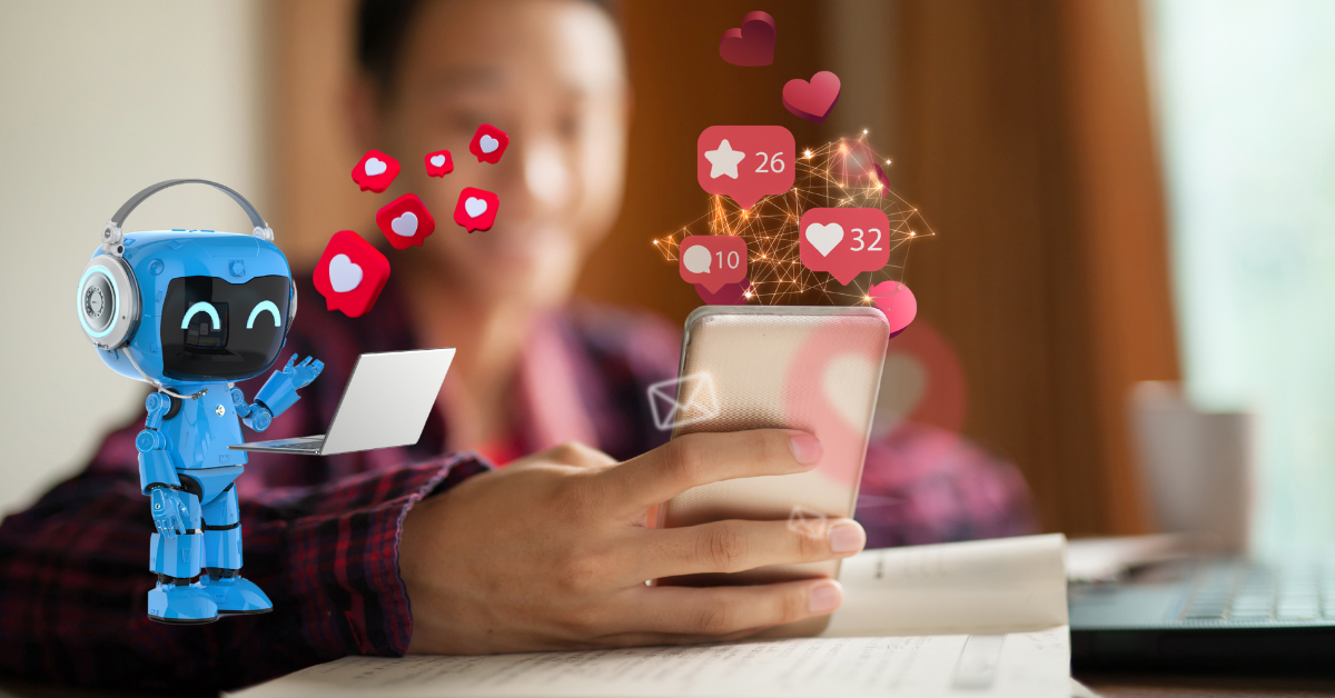 person on dating app with ai bot icon and hearts around them