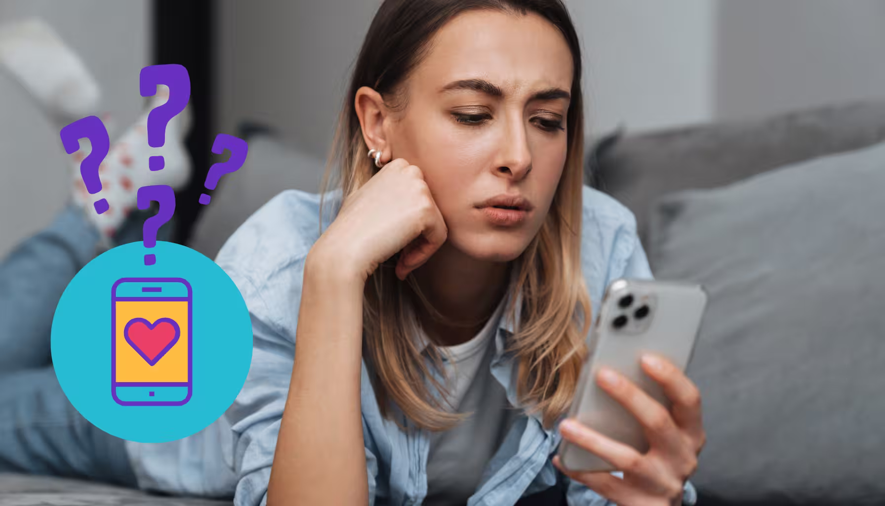 woman looking at phone confused with dating app on phone icon and question marks